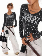 XPKAEAX Vintage Star Print V-neck Cropped Slim Fit Street Women's Long Sleeve T-shirts