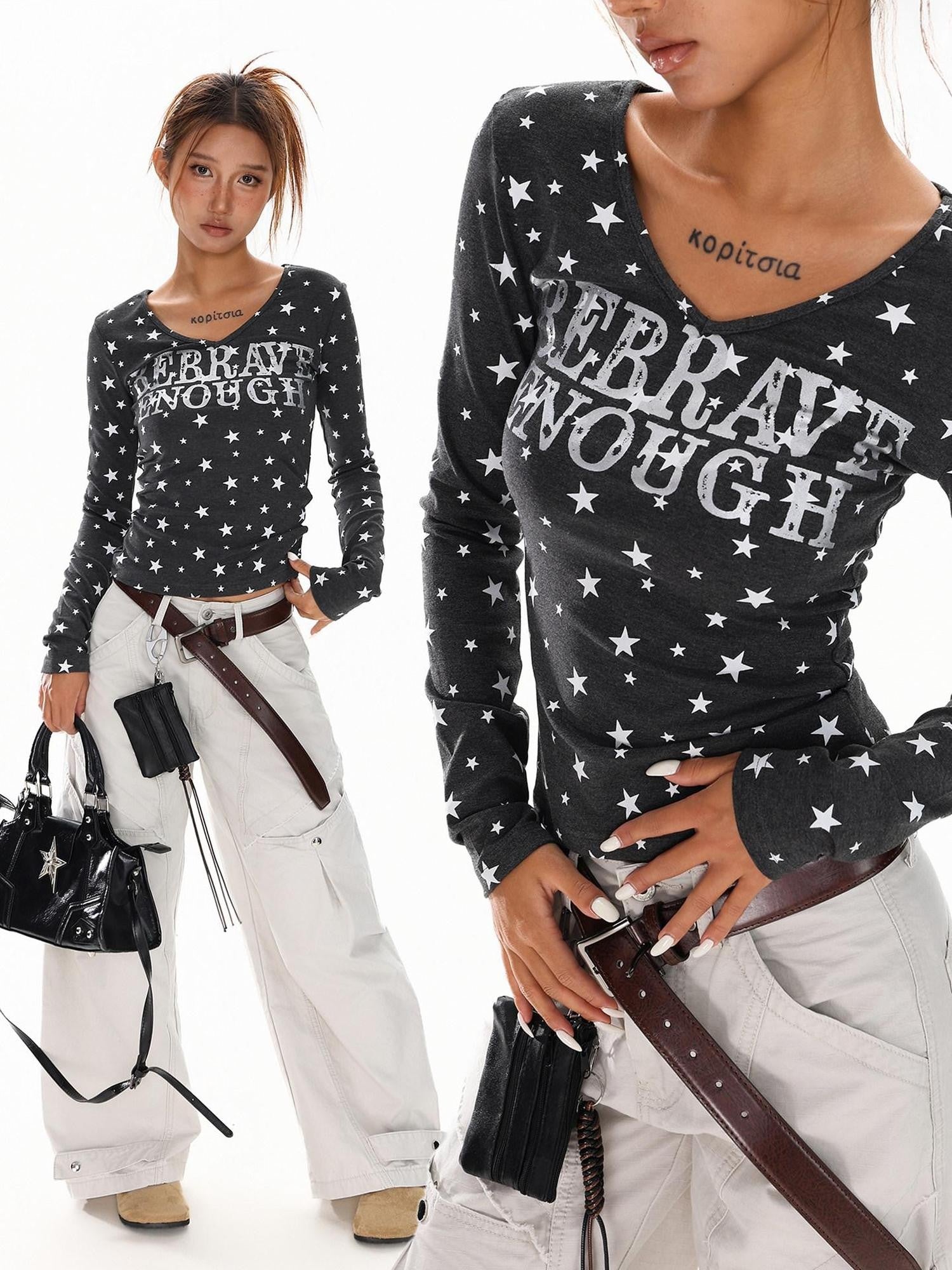 XPKAEAX Vintage Star Print V-neck Cropped Slim Fit Street Women's Long Sleeve T-shirts