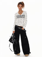 XPKAEAX Vintage Star Print V-neck Cropped Slim Fit Street Women's Long Sleeve T-shirts