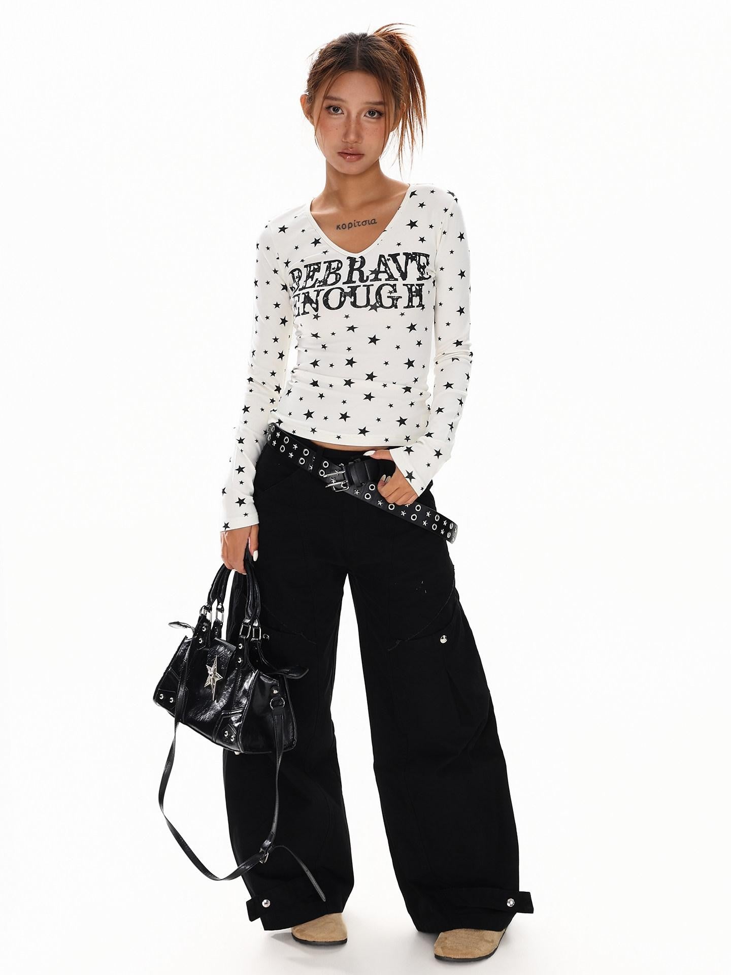 XPKAEAX Vintage Star Print V-neck Cropped Slim Fit Street Women's Long Sleeve T-shirts