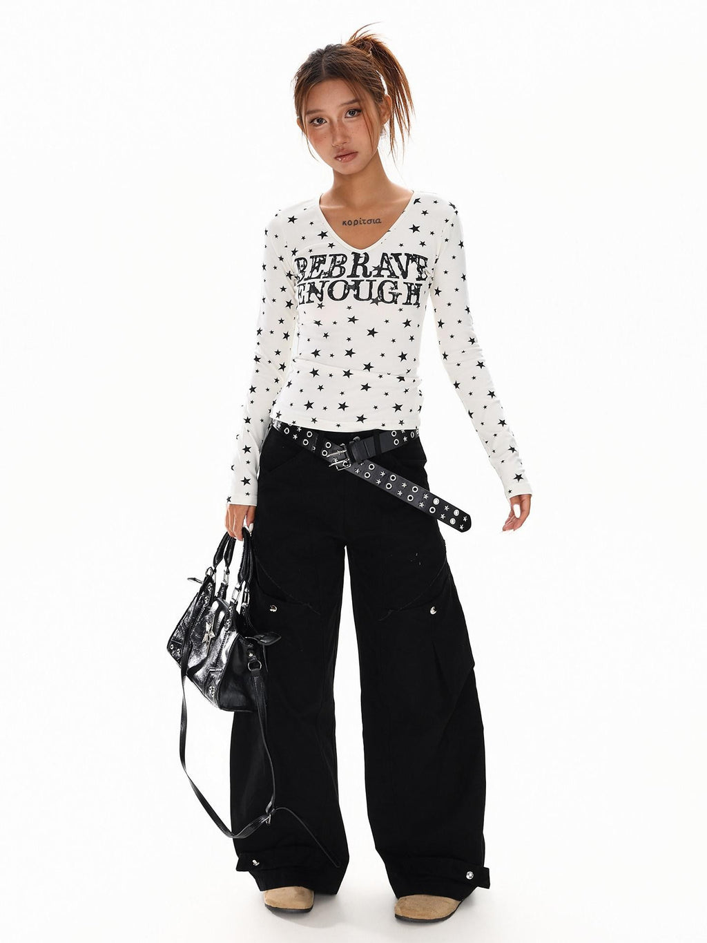 XPKAEAX Vintage Star Print V-neck Cropped Slim Fit Street Women's Long Sleeve T-shirts