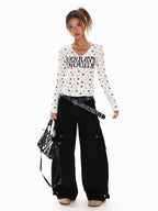 XPKAEAX Vintage Star Print V-neck Cropped Slim Fit Street Women's Long Sleeve T-shirts