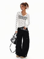 XPKAEAX Vintage Star Print V-neck Cropped Slim Fit Street Women's Long Sleeve T-shirts