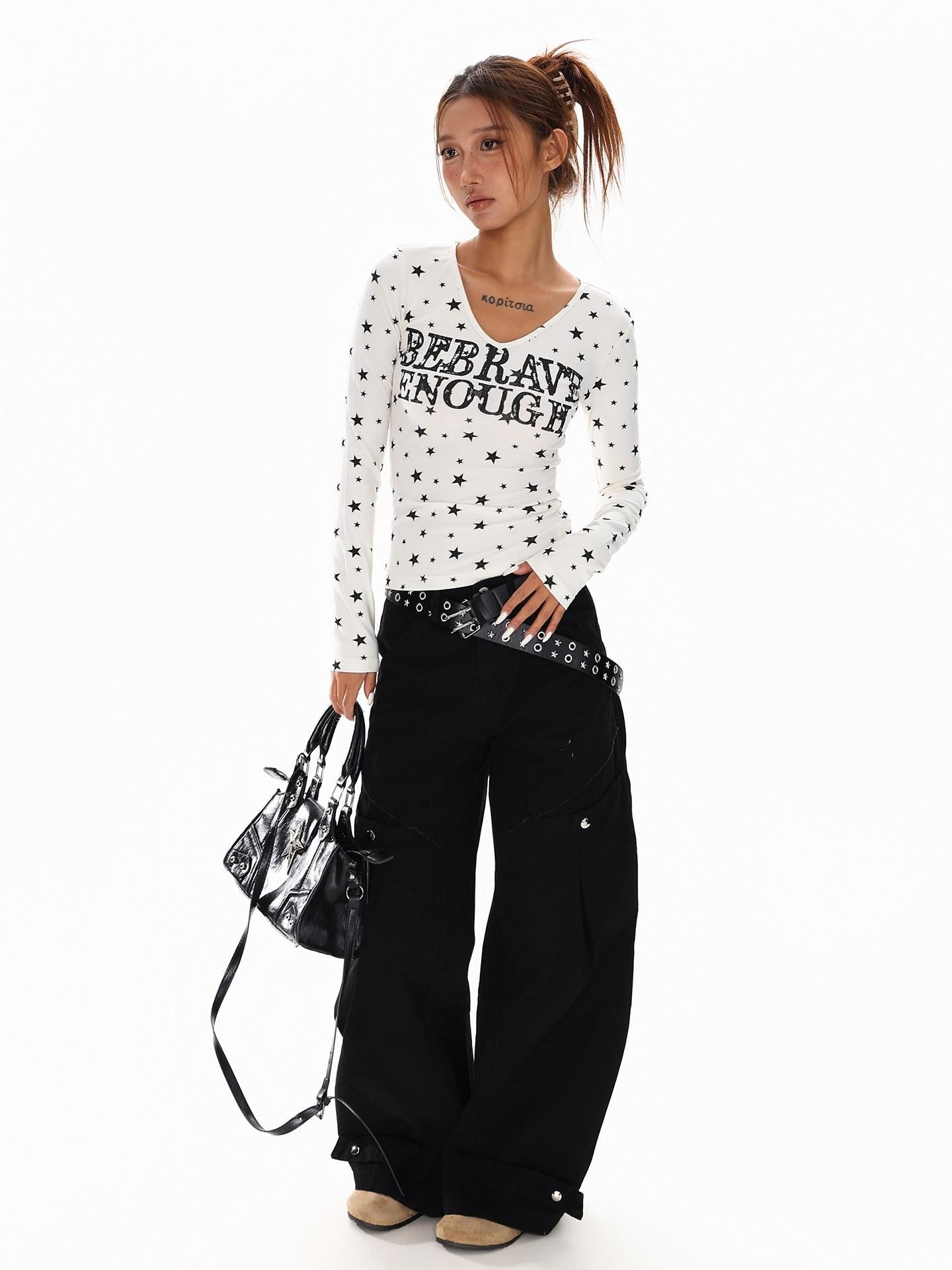 XPKAEAX Vintage Star Print V-neck Cropped Slim Fit Street Women's Long Sleeve T-shirts