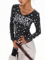 XPKAEAX Vintage Star Print V-neck Cropped Slim Fit Street Women's Long Sleeve T-shirts