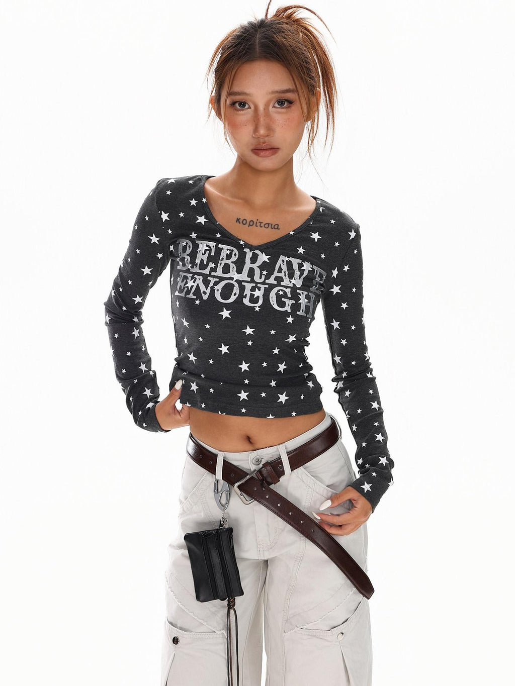 XPKAEAX Vintage Star Print V-neck Cropped Slim Fit Street Women's Long Sleeve T-shirts