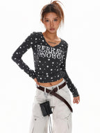 XPKAEAX Vintage Star Print V-neck Cropped Slim Fit Street Women's Long Sleeve T-shirts