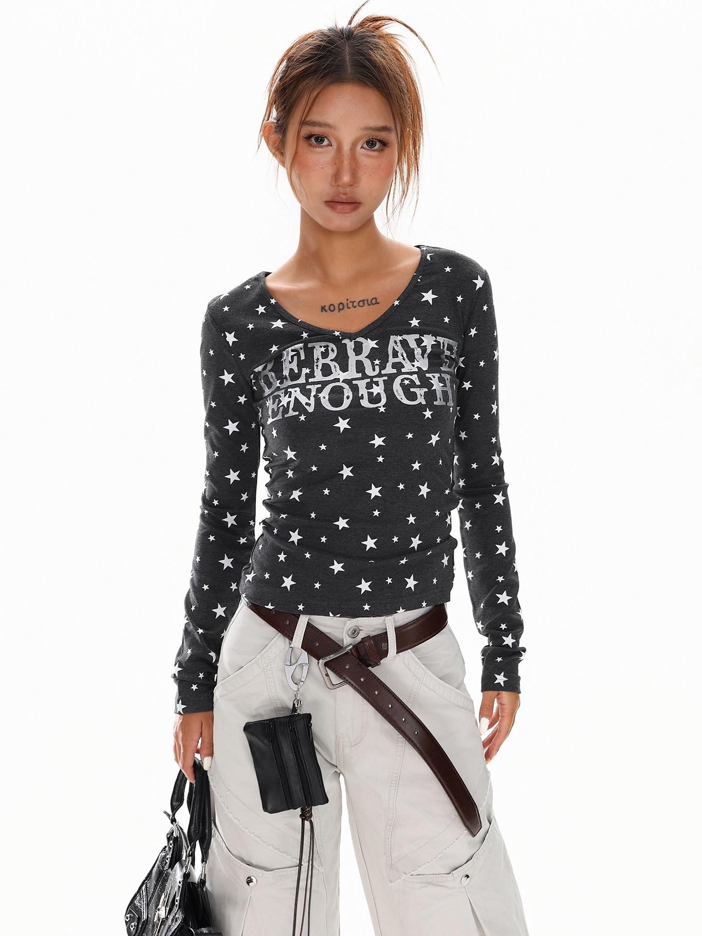 XPKAEAX Vintage Star Print V-neck Cropped Slim Fit Street Women's Long Sleeve T-shirts