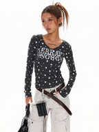 XPKAEAX Vintage Star Print V-neck Cropped Slim Fit Street Women's Long Sleeve T-shirts