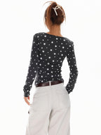 XPKAEAX Vintage Star Print V-neck Cropped Slim Fit Street Women's Long Sleeve T-shirts