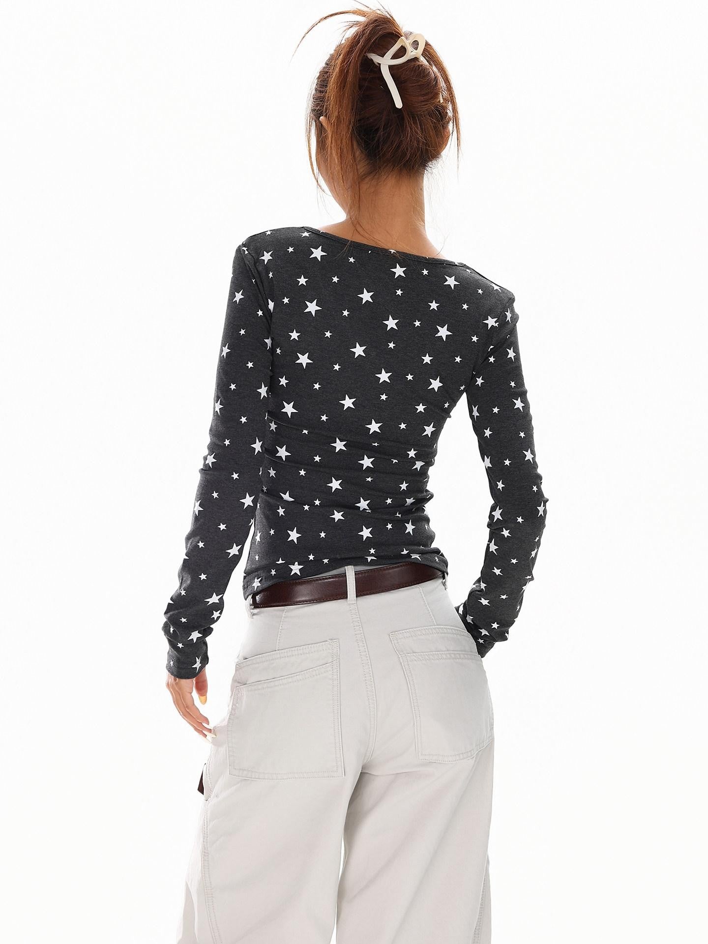 XPKAEAX Vintage Star Print V-neck Cropped Slim Fit Street Women's Long Sleeve T-shirts
