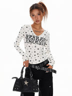XPKAEAX Vintage Star Print V-neck Cropped Slim Fit Street Women's Long Sleeve T-shirts