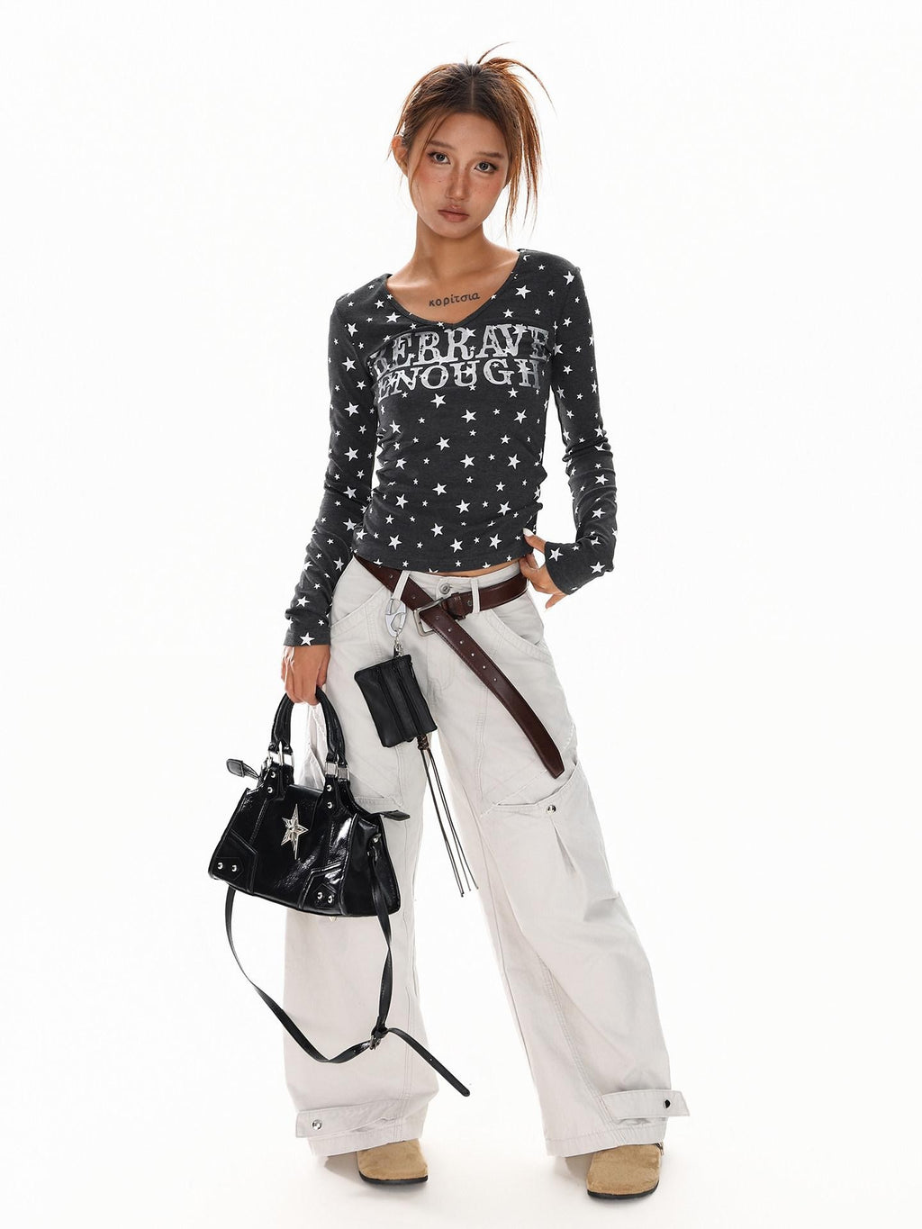 XPKAEAX Vintage Star Print V-neck Cropped Slim Fit Street Women's Long Sleeve T-shirts