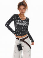 XPKAEAX Vintage Star Print V-neck Cropped Slim Fit Street Women's Long Sleeve T-shirts