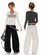 XPKAEAX Vintage Star Print V-neck Cropped Slim Fit Street Women's Long Sleeve T-shirts