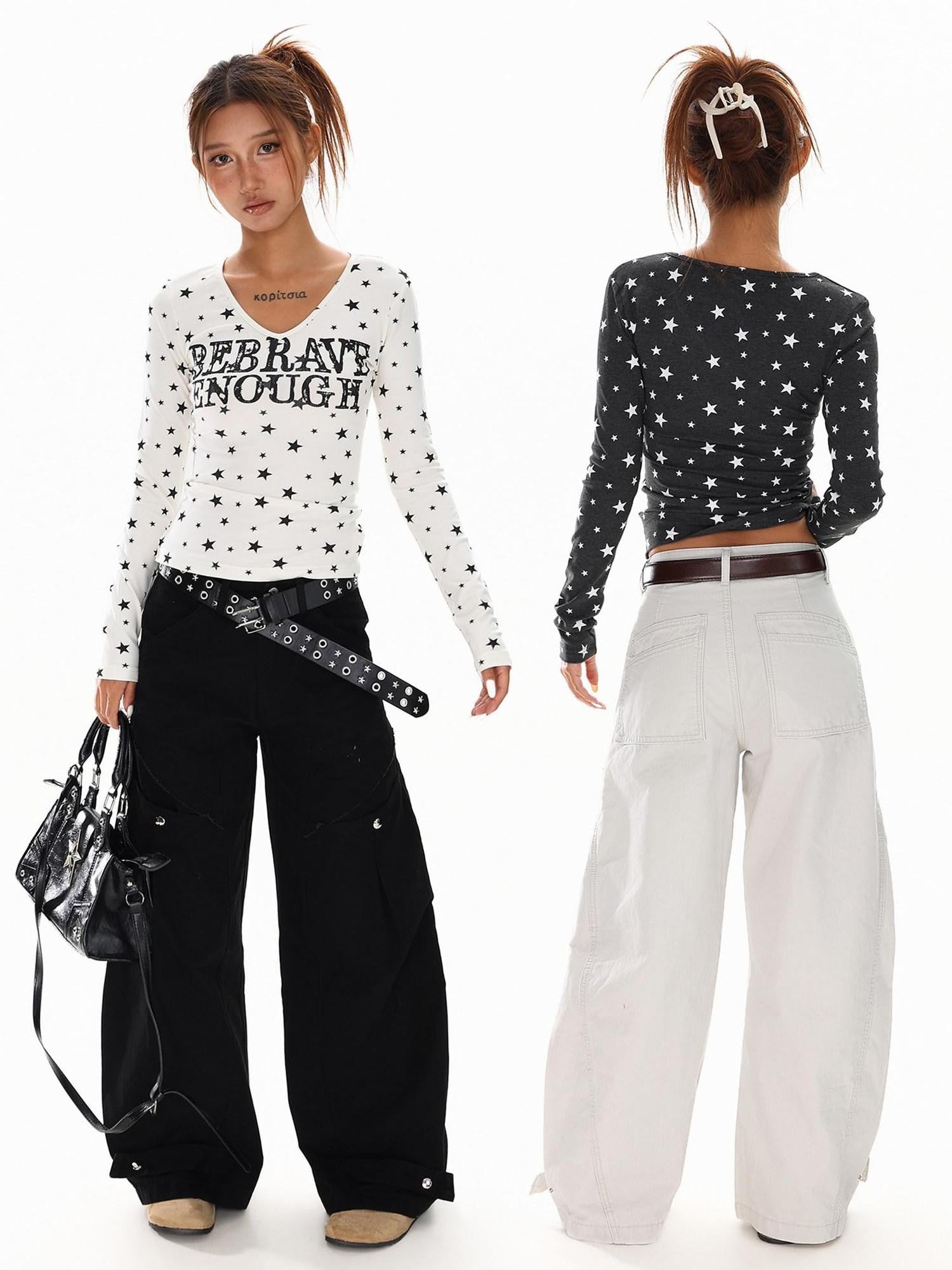 XPKAEAX Vintage Star Print V-neck Cropped Slim Fit Street Women's Long Sleeve T-shirts