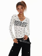 XPKAEAX Vintage Star Print V-neck Cropped Slim Fit Street Women's Long Sleeve T-shirts