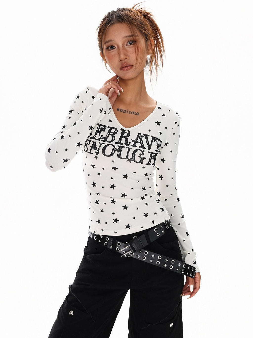 XPKAEAX Vintage Star Print V-neck Cropped Slim Fit Street Women's Long Sleeve T-shirts