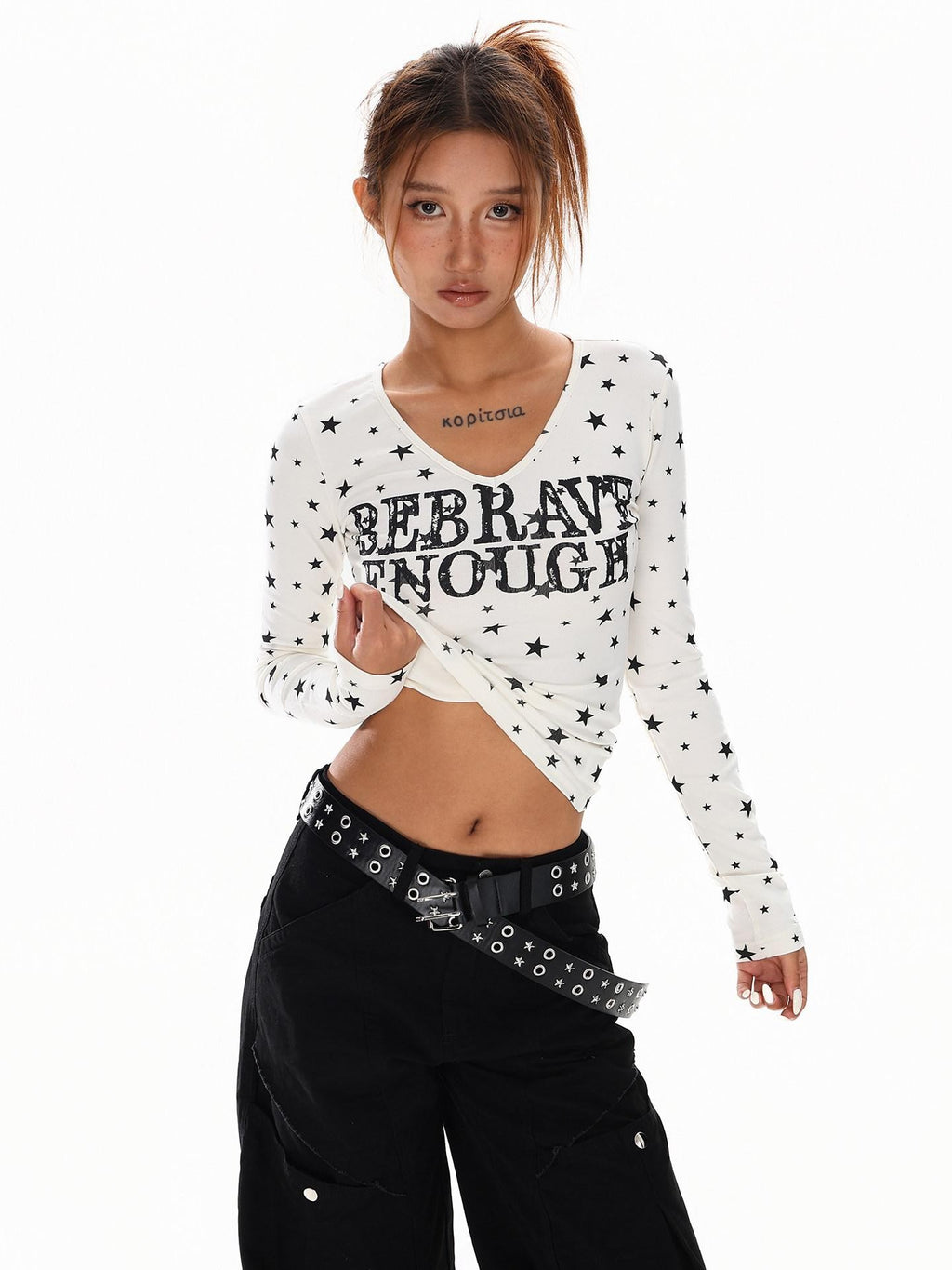 XPKAEAX Vintage Star Print V-neck Cropped Slim Fit Street Women's Long Sleeve T-shirts