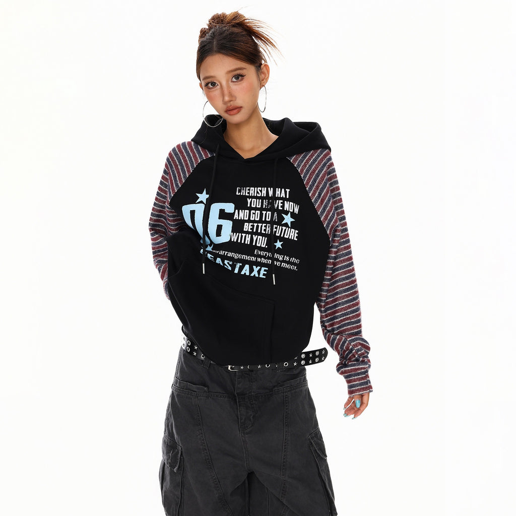 XPKAEAX Vintage Striped Patchwork Raglan Relaxed Fit Women's Hoodies 975810434617