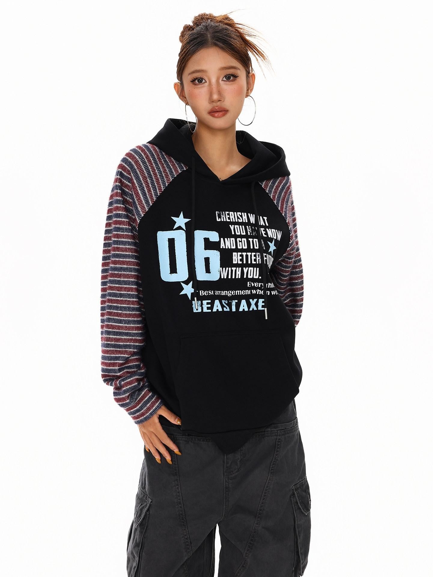 XPKAEAX Vintage Striped Patchwork Raglan Relaxed Fit Women's Hoodies