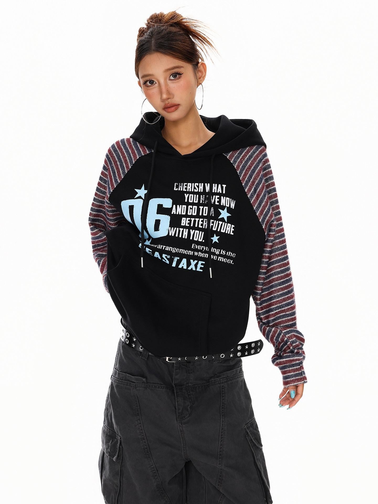 XPKAEAX Vintage Striped Patchwork Raglan Relaxed Fit Women's Hoodies