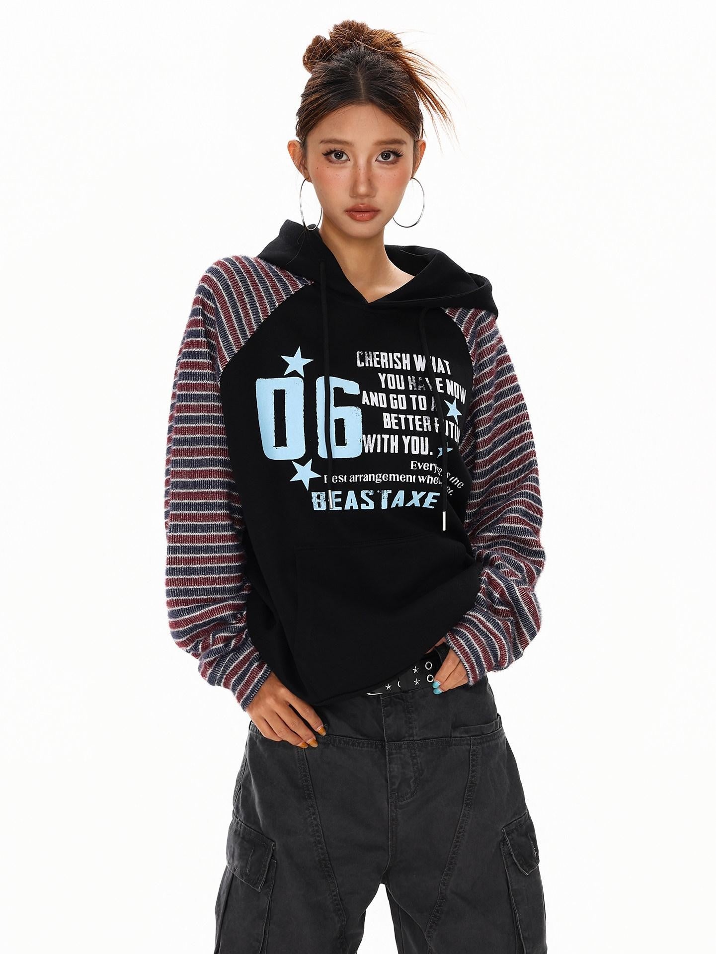XPKAEAX Vintage Striped Patchwork Raglan Relaxed Fit Women's Hoodies