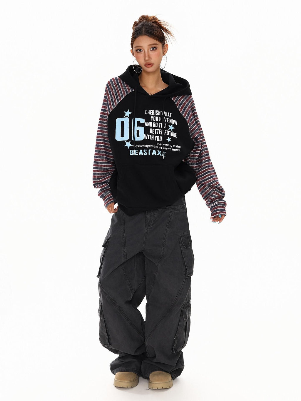 XPKAEAX Vintage Striped Patchwork Raglan Relaxed Fit Women's Hoodies