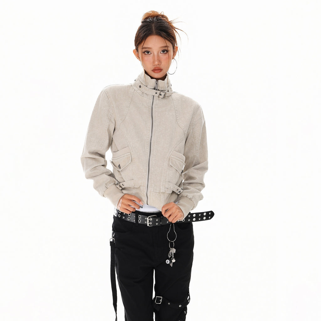 XPKAEAX Washed Deconstructed Studded Harrington Short Women's Casual Jackets 981982134007