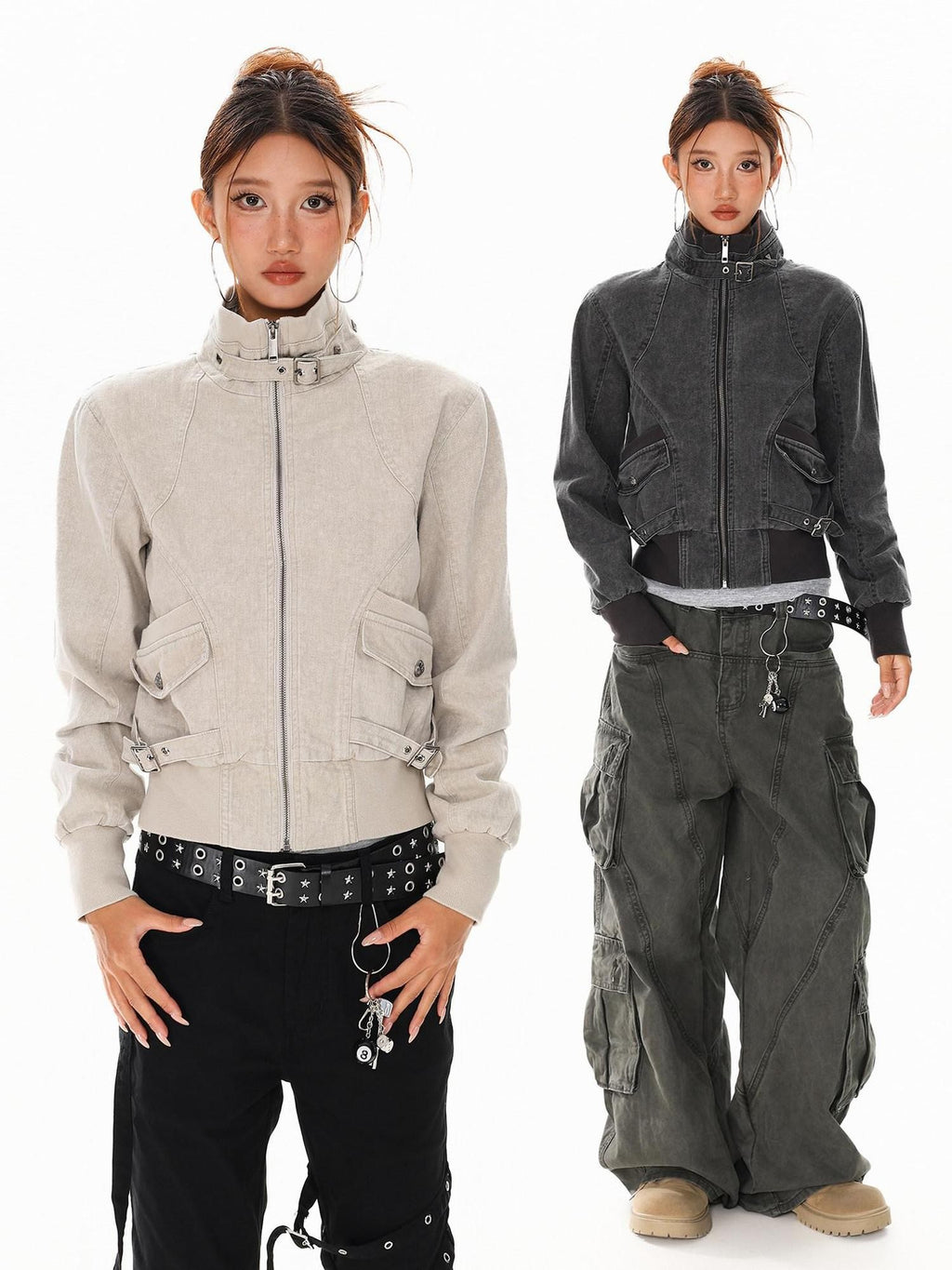 XPKAEAX Washed Deconstructed Studded Harrington Short Women's Casual Jackets