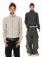 XPKAEAX Washed Deconstructed Studded Harrington Short Women's Casual Jackets