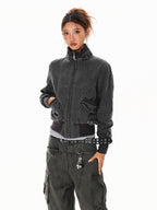 XPKAEAX Washed Deconstructed Studded Harrington Short Women's Casual Jackets