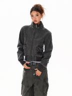 XPKAEAX Washed Deconstructed Studded Harrington Short Women's Casual Jackets