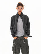XPKAEAX Washed Deconstructed Studded Harrington Short Women's Casual Jackets