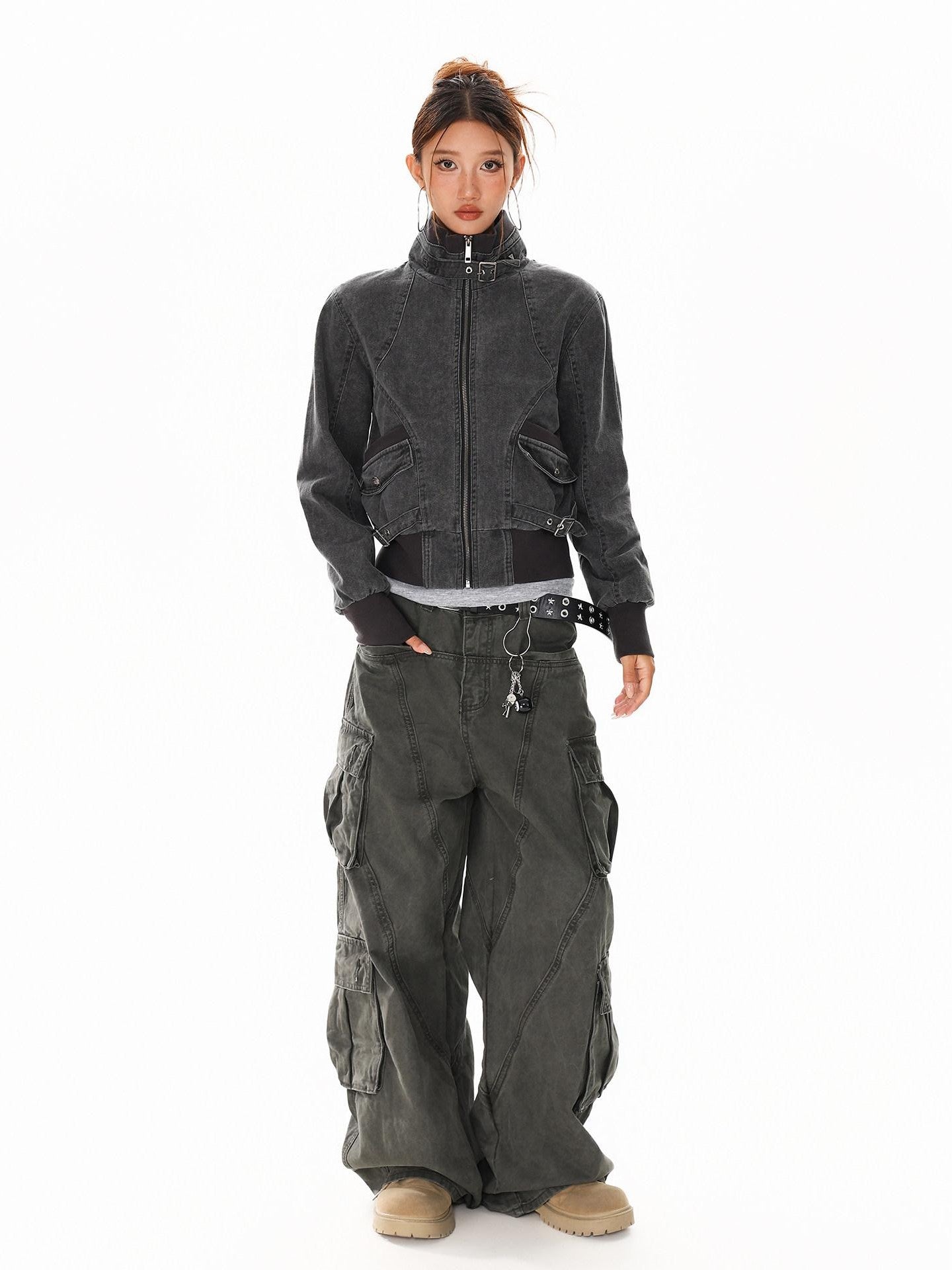 XPKAEAX Washed Deconstructed Studded Harrington Short Women's Casual Jackets