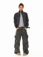 XPKAEAX Washed Deconstructed Studded Harrington Short Women's Casual Jackets