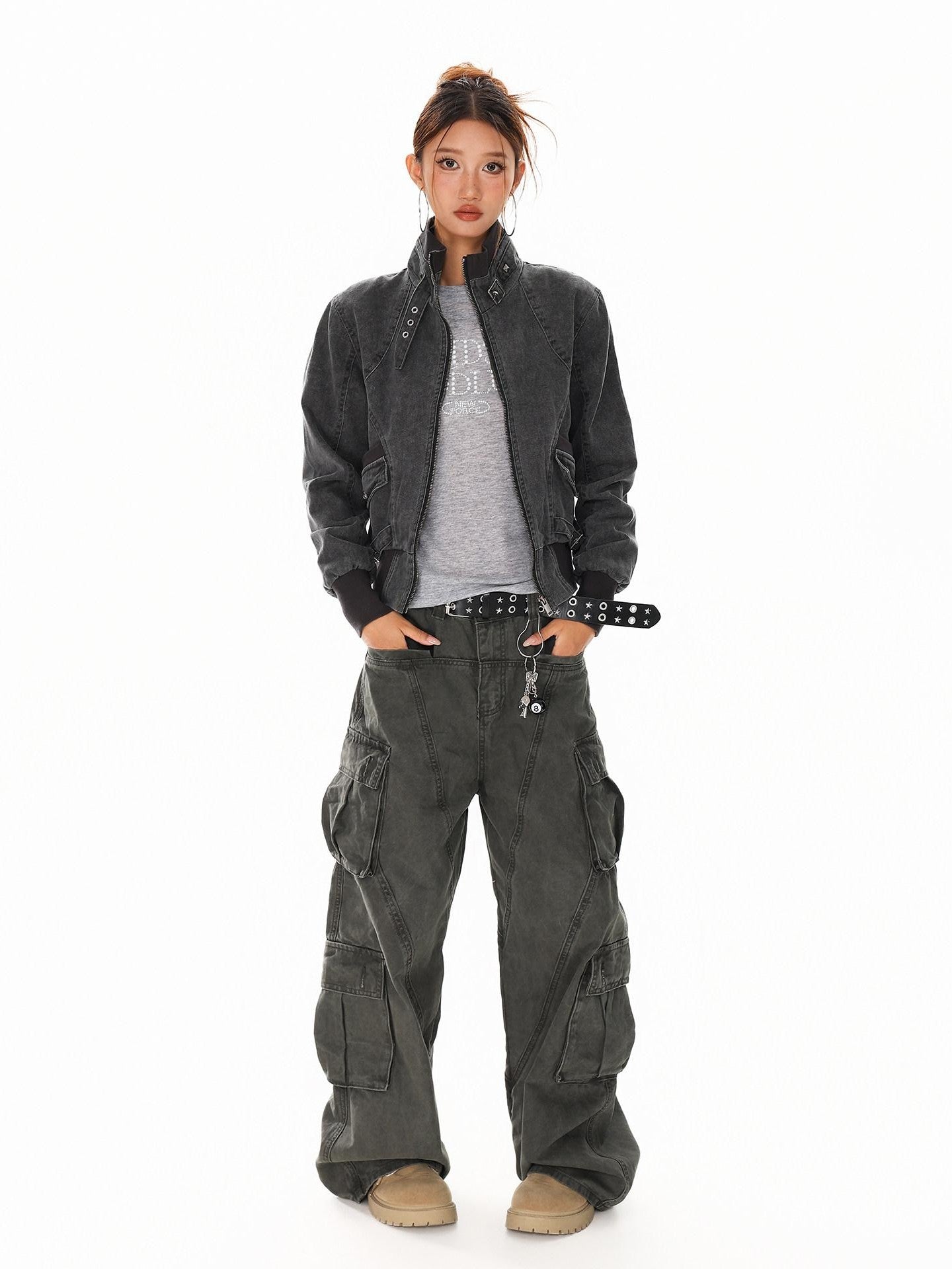 XPKAEAX Washed Deconstructed Studded Harrington Short Women's Casual Jackets
