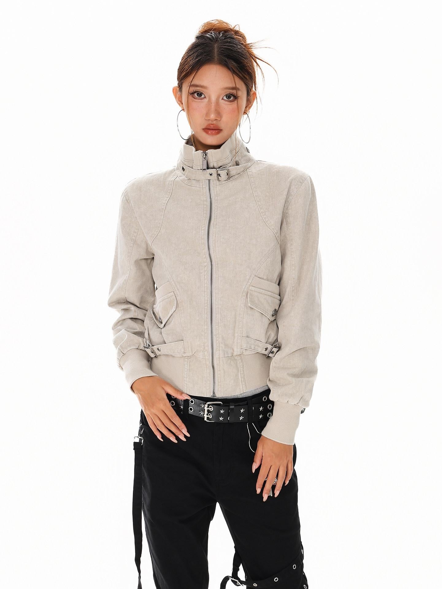 XPKAEAX Washed Deconstructed Studded Harrington Short Women's Casual Jackets