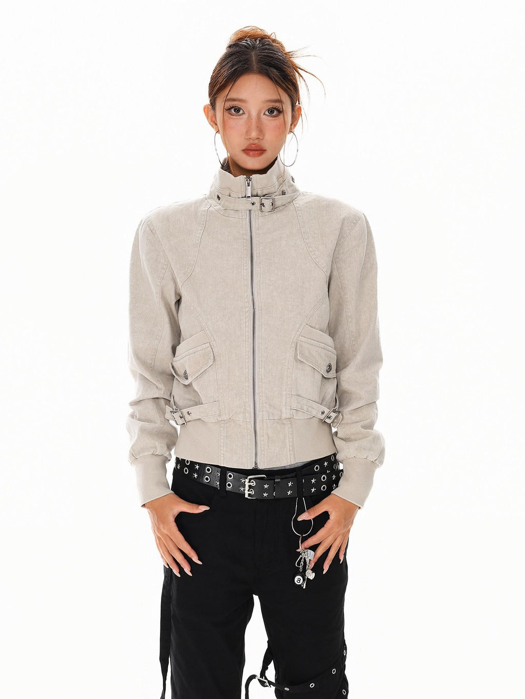 XPKAEAX Washed Deconstructed Studded Harrington Short Women's Casual Jackets
