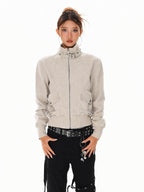 XPKAEAX Washed Deconstructed Studded Harrington Short Women's Casual Jackets