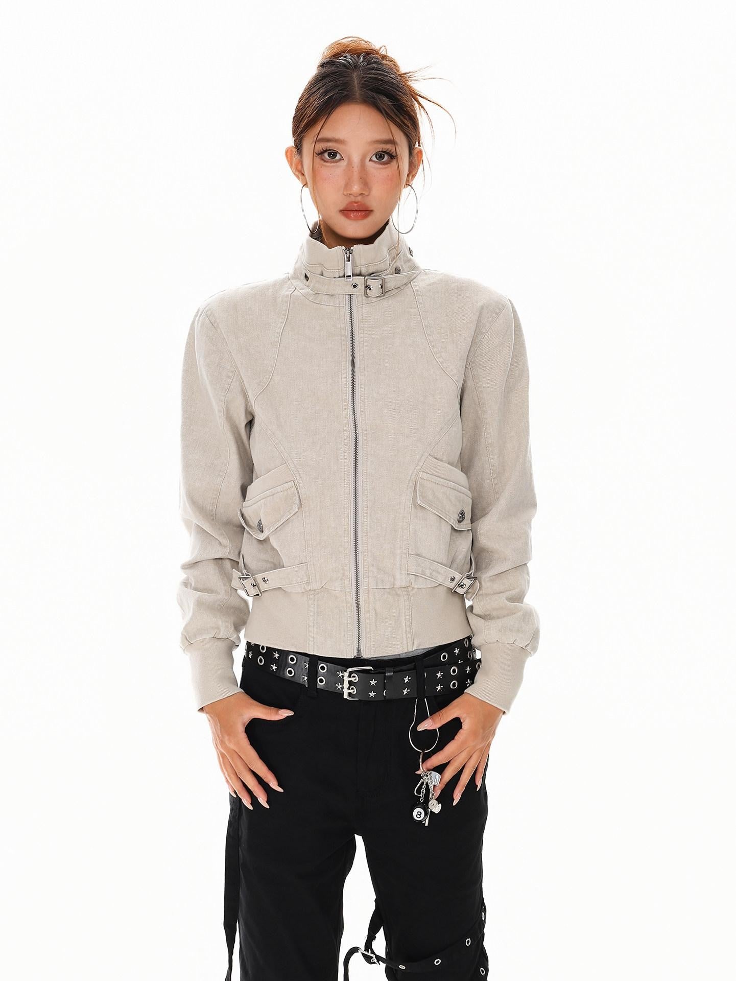 XPKAEAX Washed Deconstructed Studded Harrington Short Women's Casual Jackets