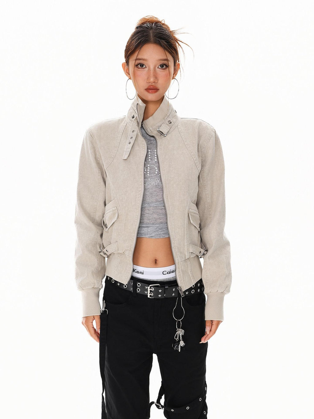 XPKAEAX Washed Deconstructed Studded Harrington Short Women's Casual Jackets