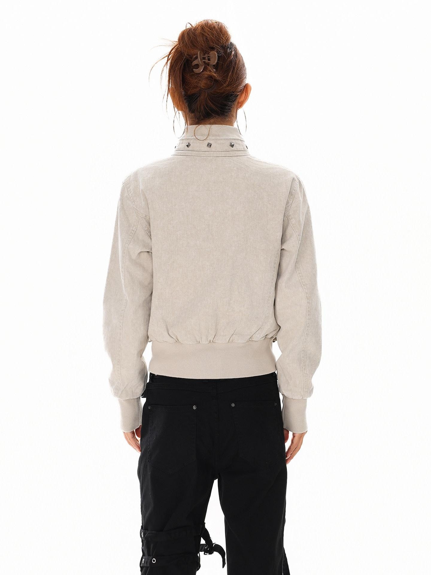 XPKAEAX Washed Deconstructed Studded Harrington Short Women's Casual Jackets