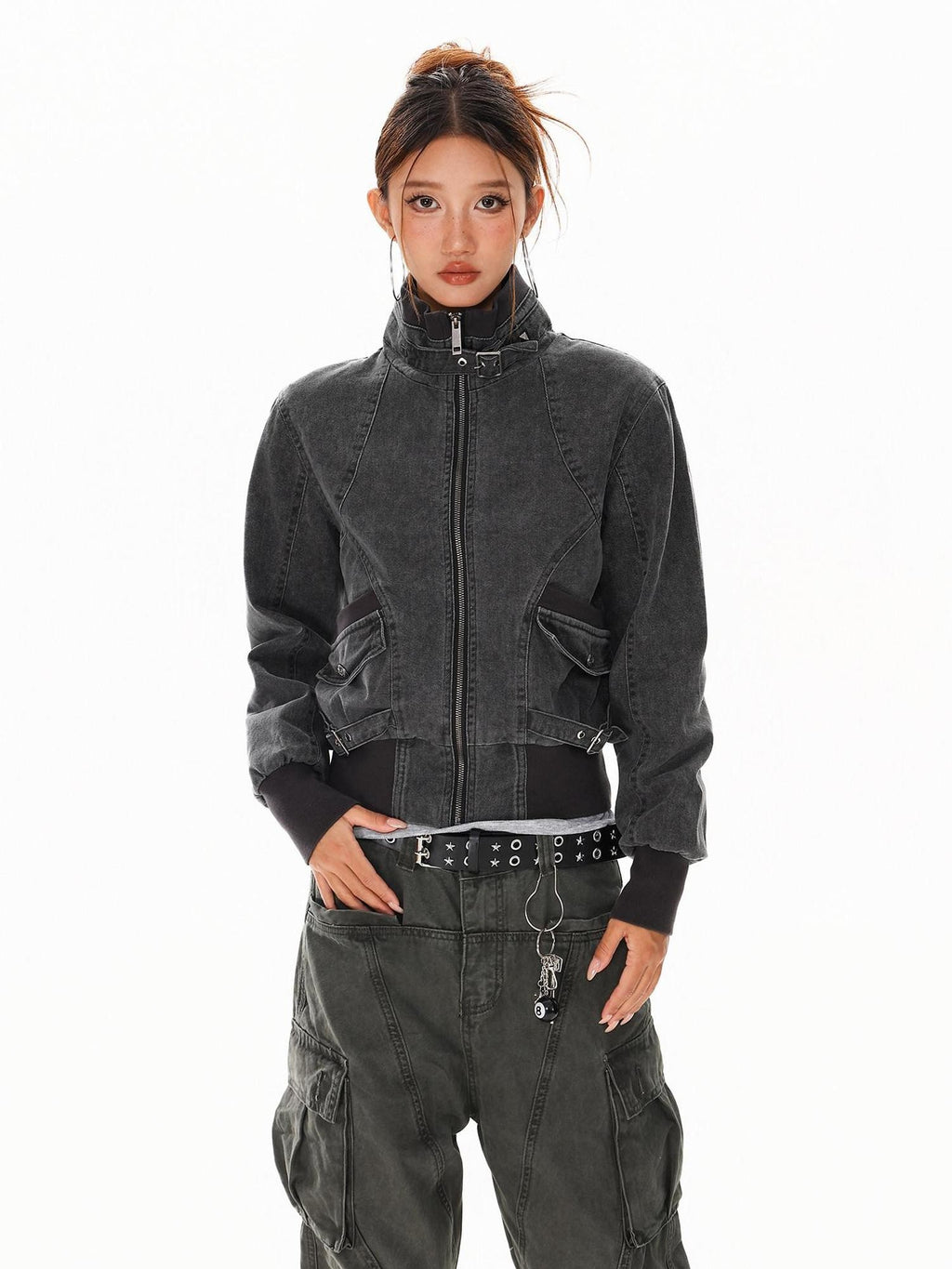 XPKAEAX Washed Deconstructed Studded Harrington Short Women's Casual Jackets