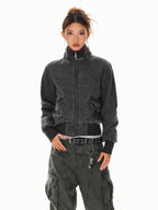 XPKAEAX Washed Deconstructed Studded Harrington Short Women's Casual Jackets