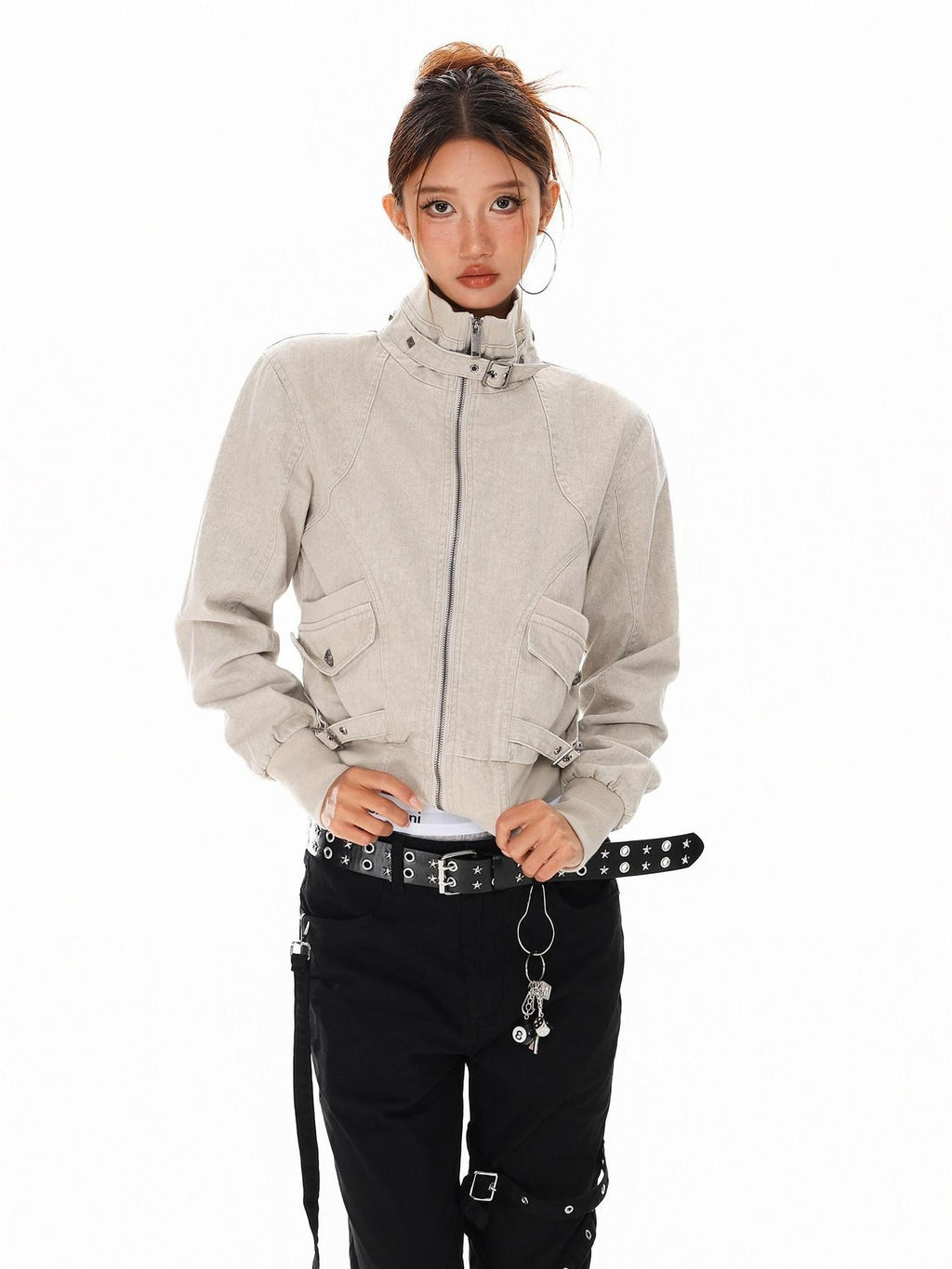 XPKAEAX Washed Deconstructed Studded Harrington Short Women's Casual Jackets