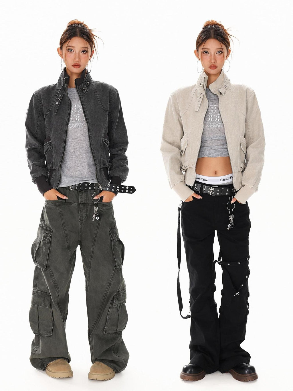 XPKAEAX Washed Deconstructed Studded Harrington Short Women's Casual Jackets