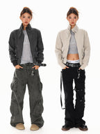 XPKAEAX Washed Deconstructed Studded Harrington Short Women's Casual Jackets