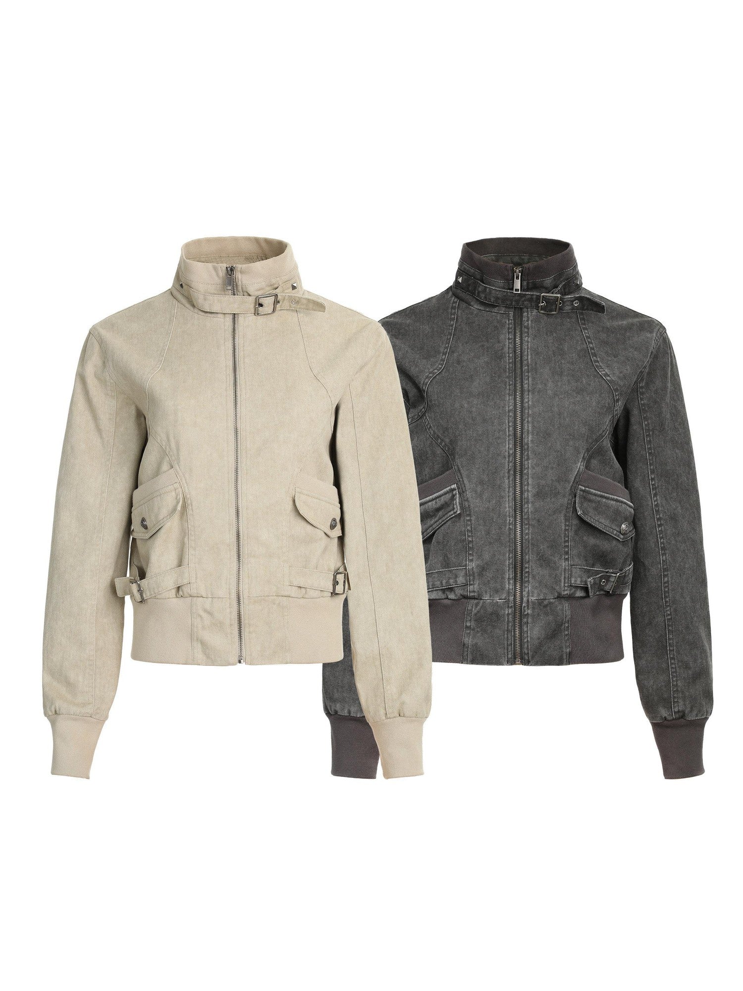 XPKAEAX Washed Deconstructed Studded Harrington Short Women's Casual Jackets