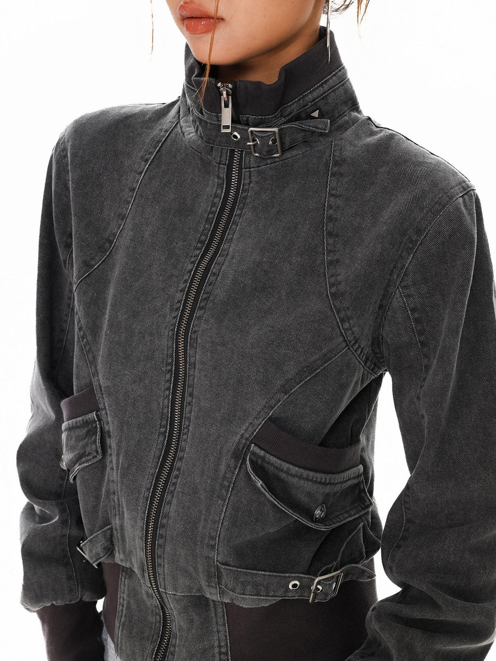 XPKAEAX Washed Deconstructed Studded Harrington Short Women's Casual Jackets